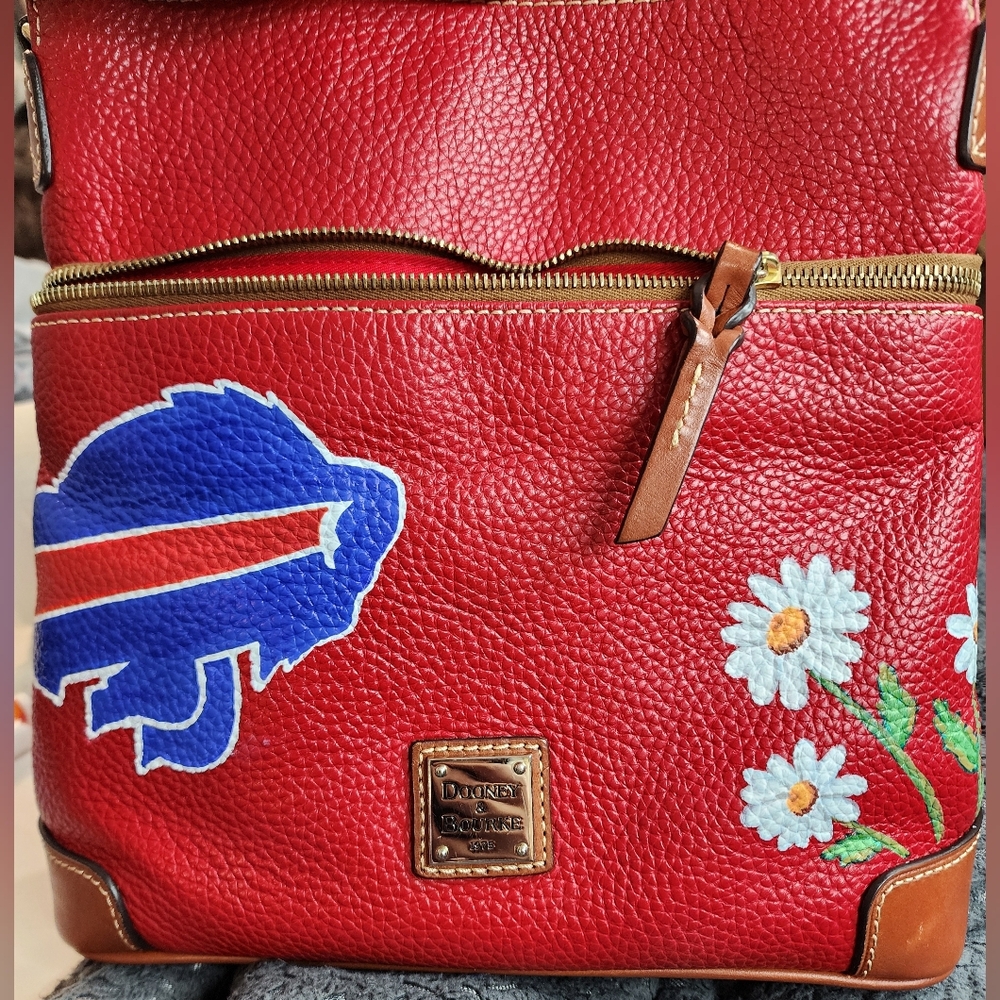 SOLD-Dooney & Bourke Red Crossbody Bag with Floral and Graphic Accents